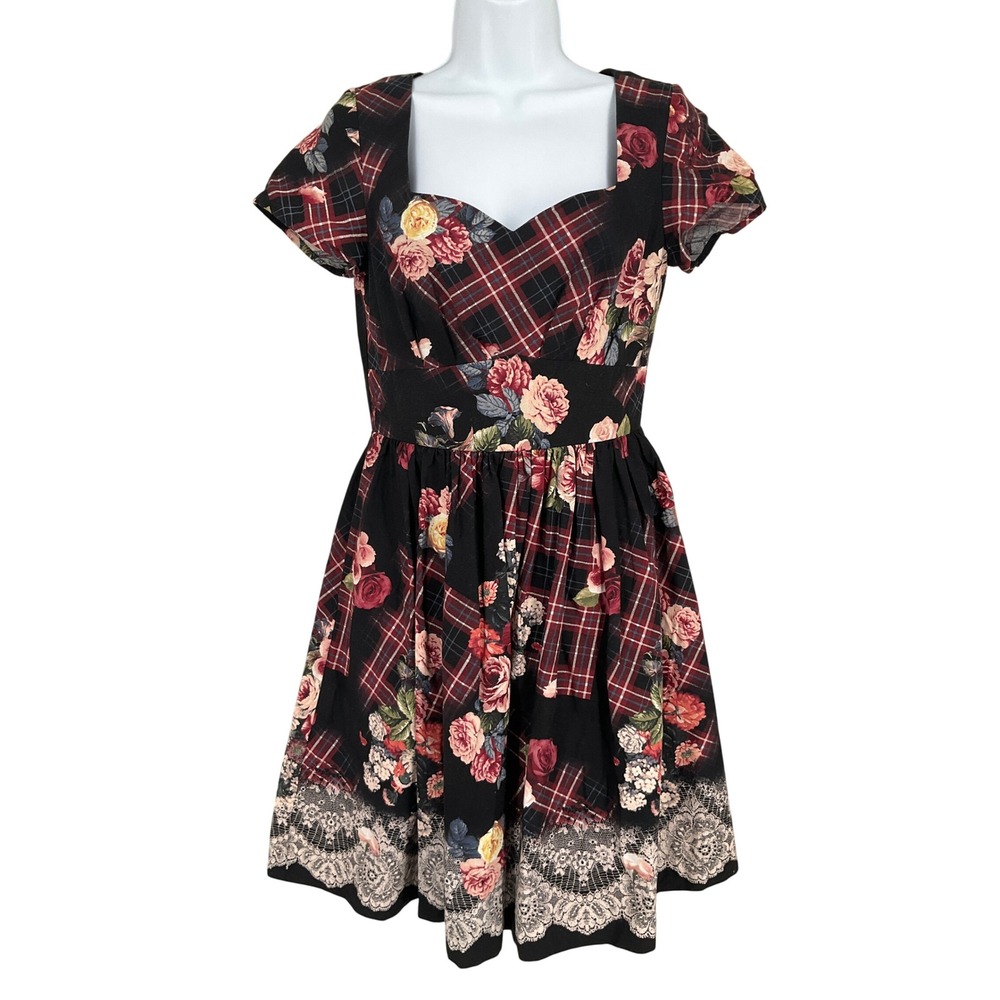 ModCloth Fit Flare Dress Womens S Black Red Plaid Floral Lace Retro Pinup